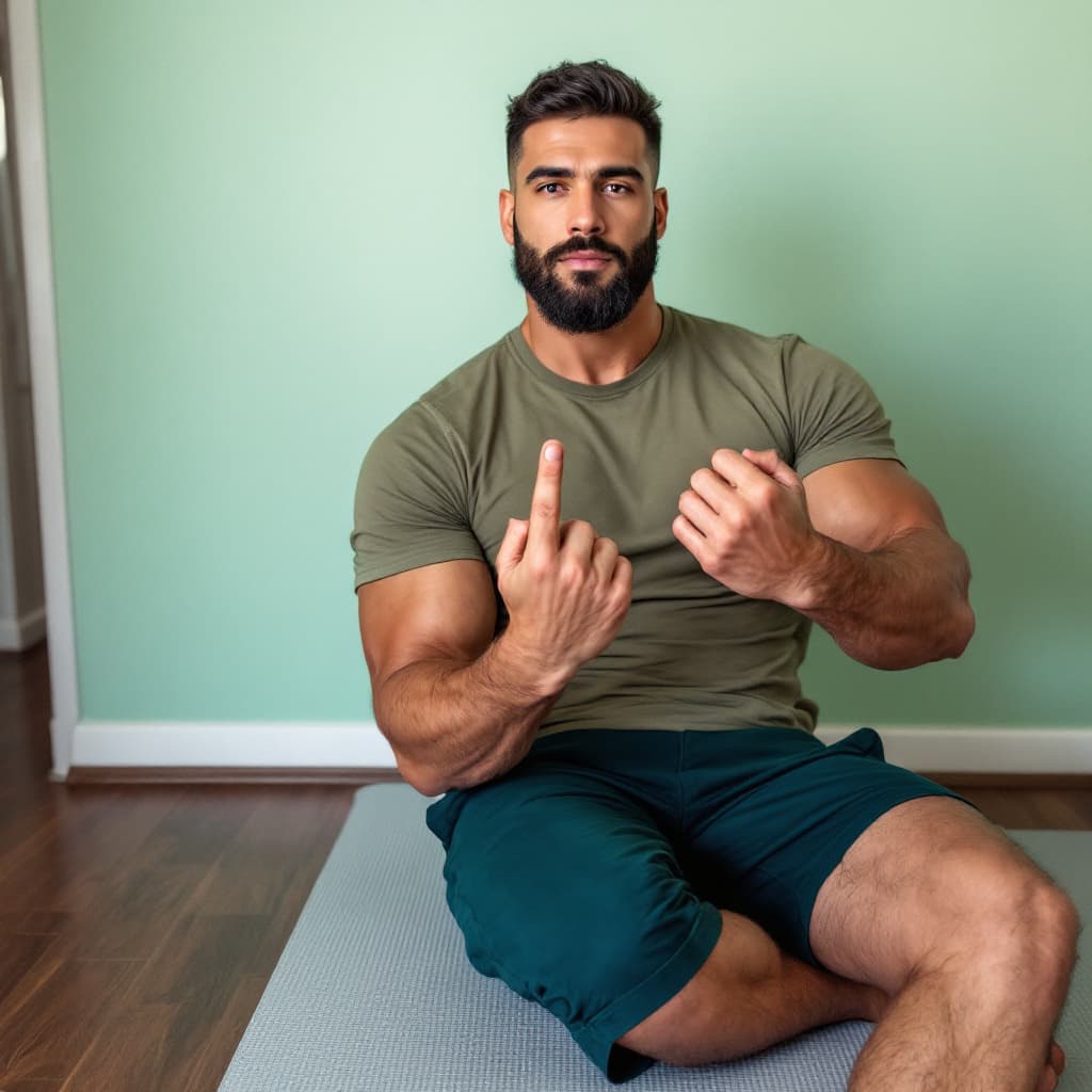 AI generated: A man with a tan complexion, a beard, and a neutral olive green t-shirt sits on a gray exercise mat ...