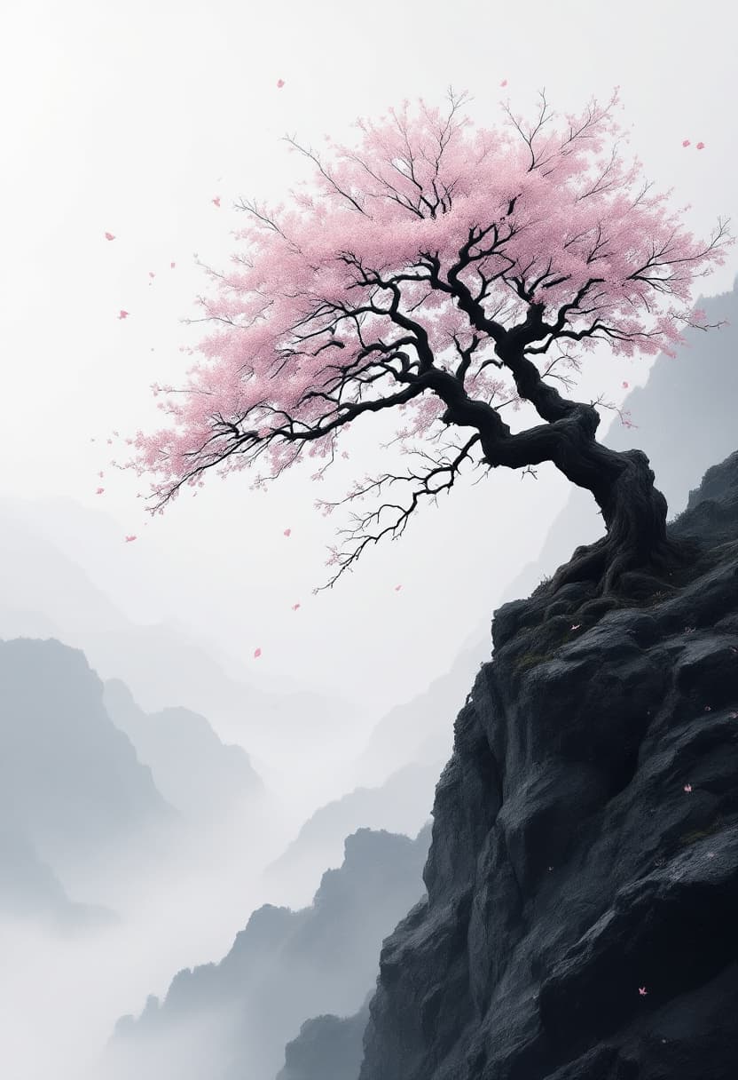 AI generated: A solitary cherry blossom tree growing from dark rocky terrain on a mist-covered cliff, slightly off...