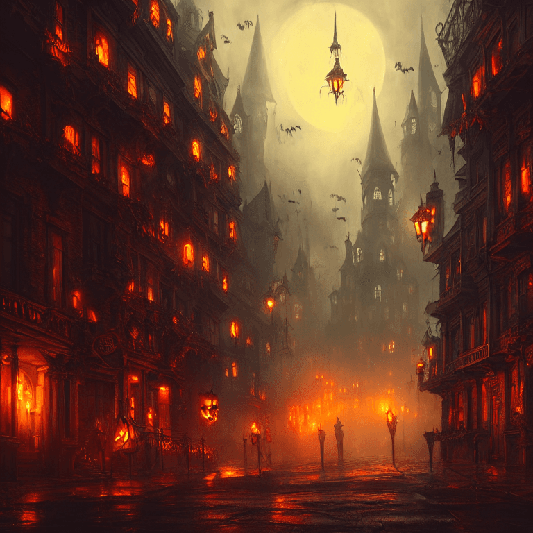 AI generated: Halloween Street, creepy haunted city streets, glowing windows, Hyperdetailed, dark fantasy, magic, ...