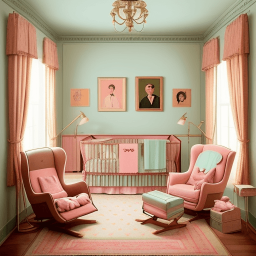 AI generated: Create a Wes Anderson-style illustration of a cozy room with mothers and babies talking. The color p...