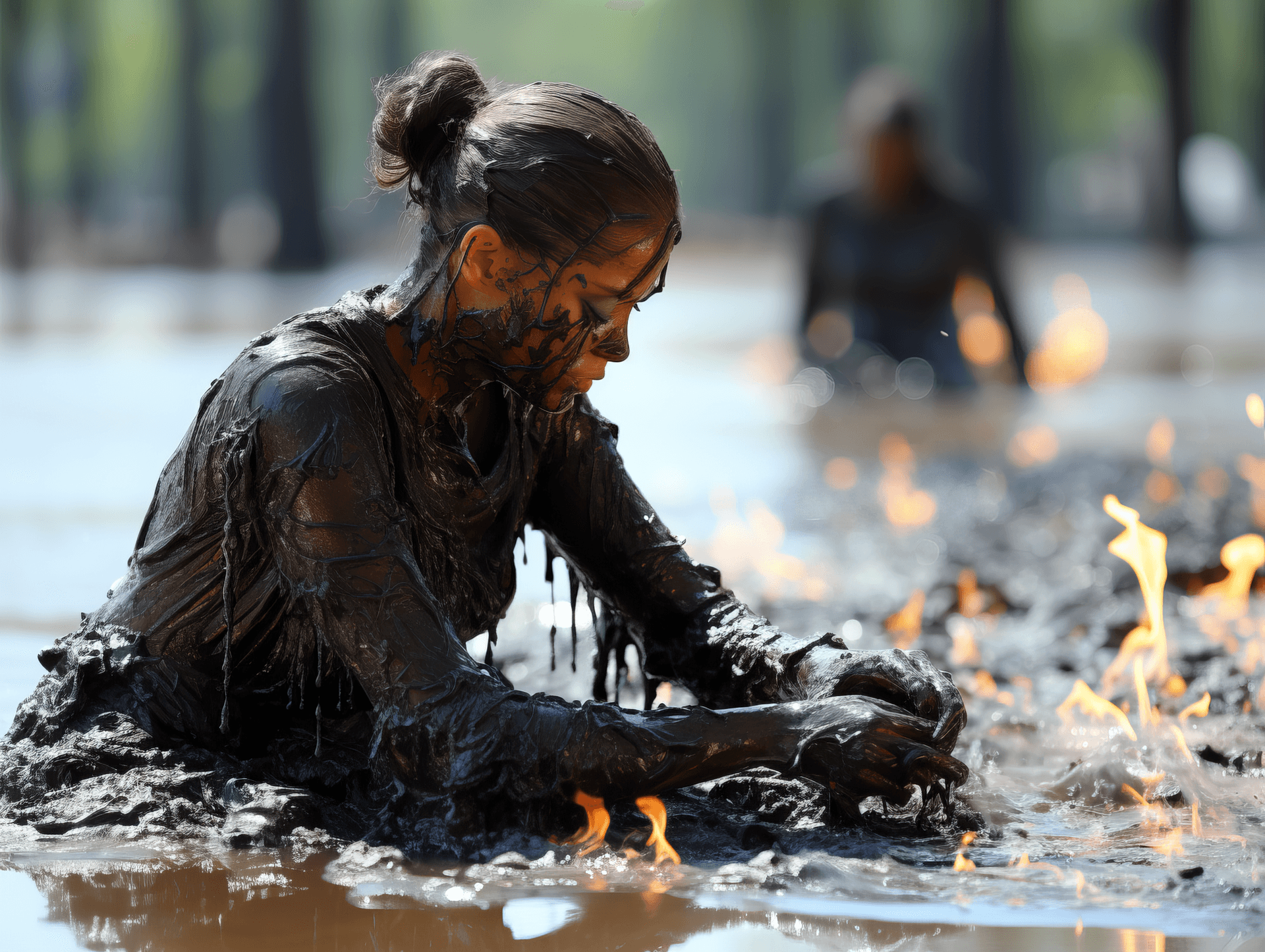 AI generated: this is the lake, in the style of surrealistic poses, victoria goth, subversive public installations...