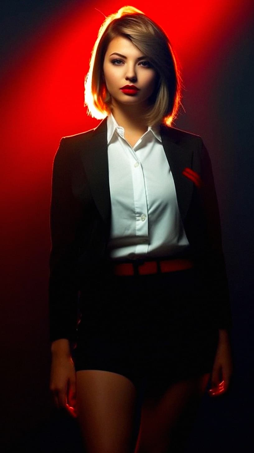 AI generated: Pretty lady wearing a black blazer, white top, black micro mini skirt, serious facial expression, vo...