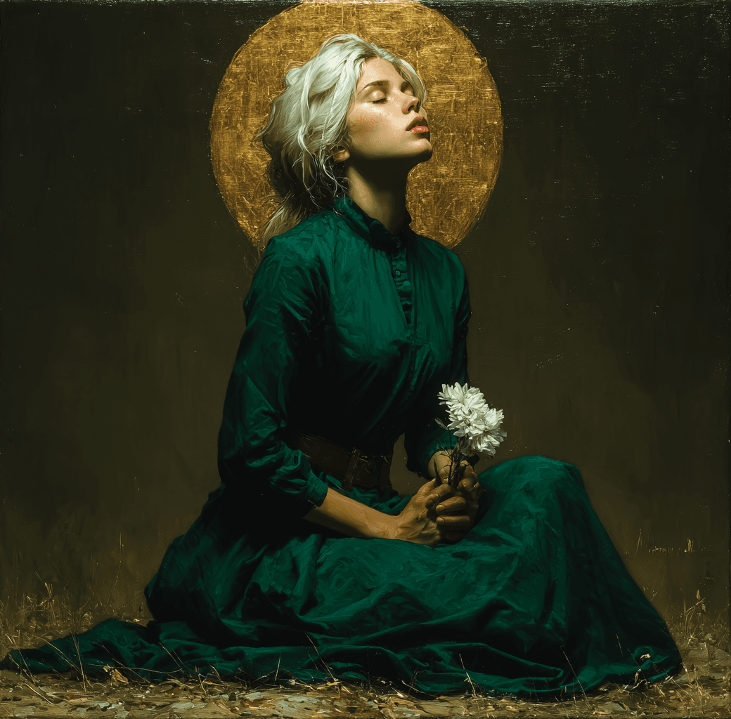 AI generated: Oil painting of a beautiful woman. She is wearing a green dress, sitting on her knees with one leg o...