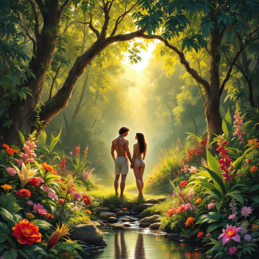 AI generated: Adam and Eve standing together in the lush, vibrant Garden of Eden. The garden is filled with an abu...