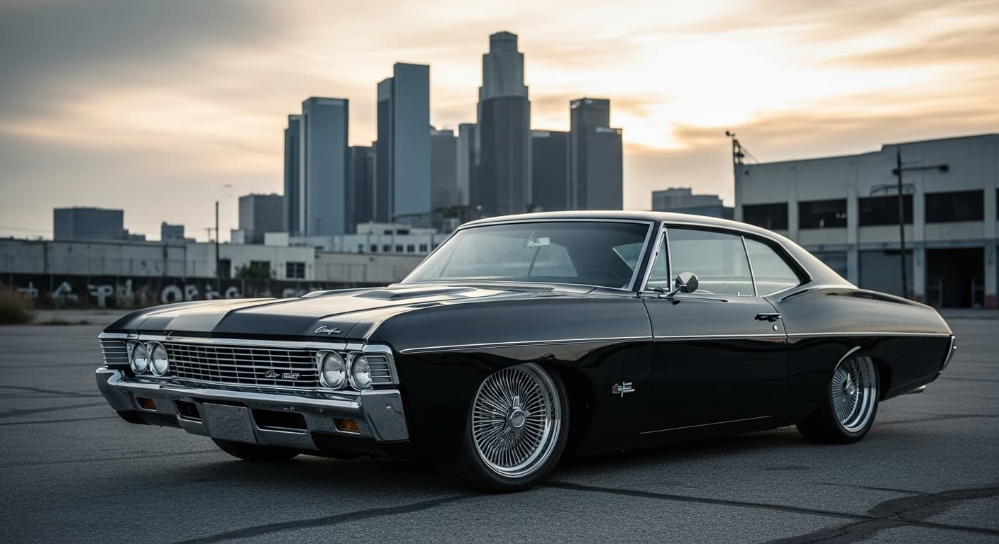 AI generated: 12k, photorealistic, sharp, crisp, uhd, 1968 chevy impala, black onyx, lowered to the ground with wi...