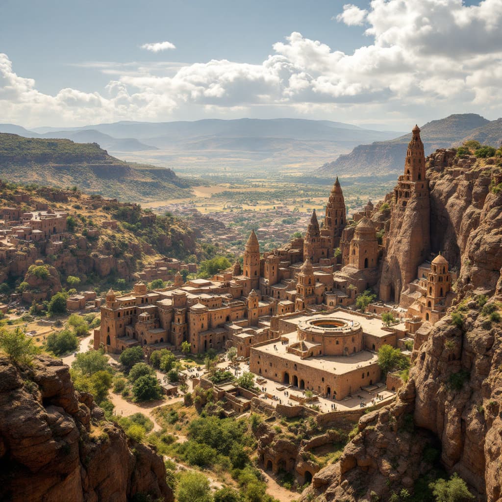 AI generated: create an arial view of the The rock-hewn churches of Lalibela, Ethiopia,
