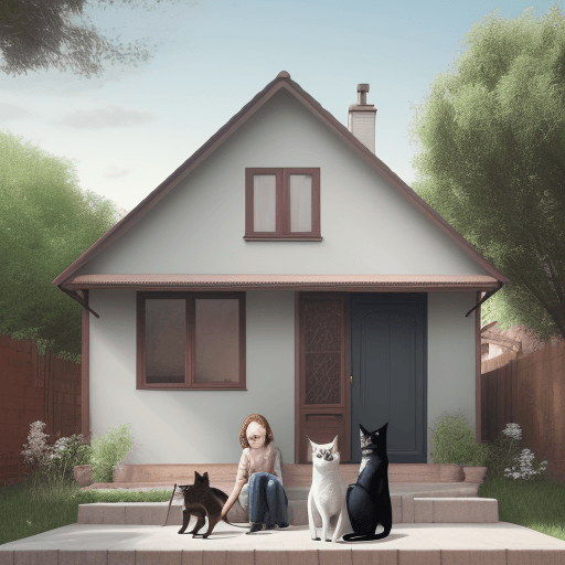 AI generated: house with person in front with a cat and dog next to them