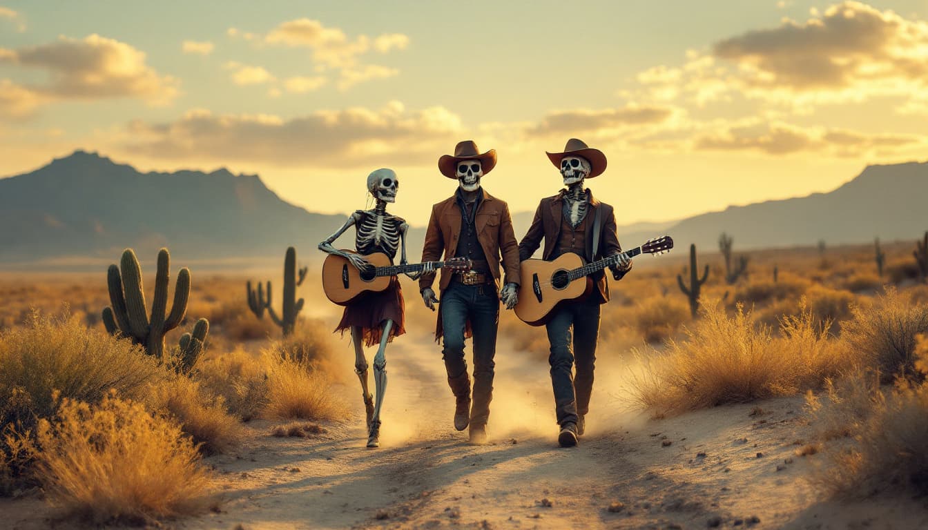 AI generated: Hola, quiero la siguiente imagen: Un hombre junto a dos calaveras caminando de espaldas en el desier...