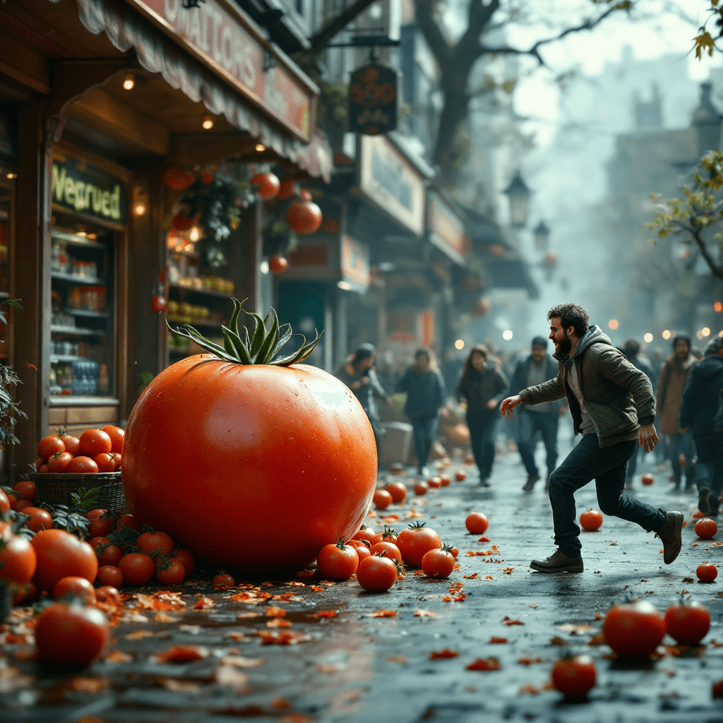 AI generated: a giant tomato on the ground chasing after people store ,  the customers are running away from it 
 ...
