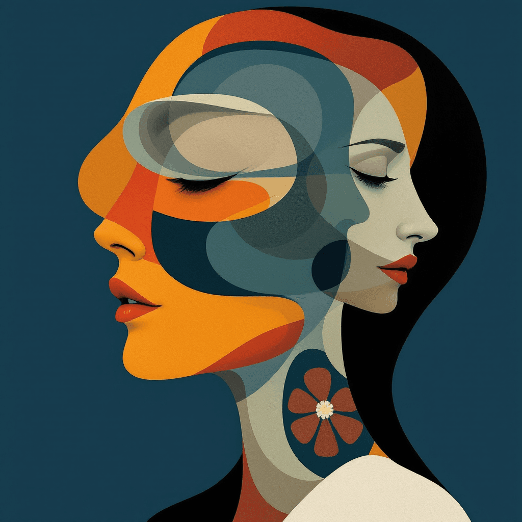 AI generated: Woman depicted through symbolic abstract shapes that represent different levels of complex, layered,...