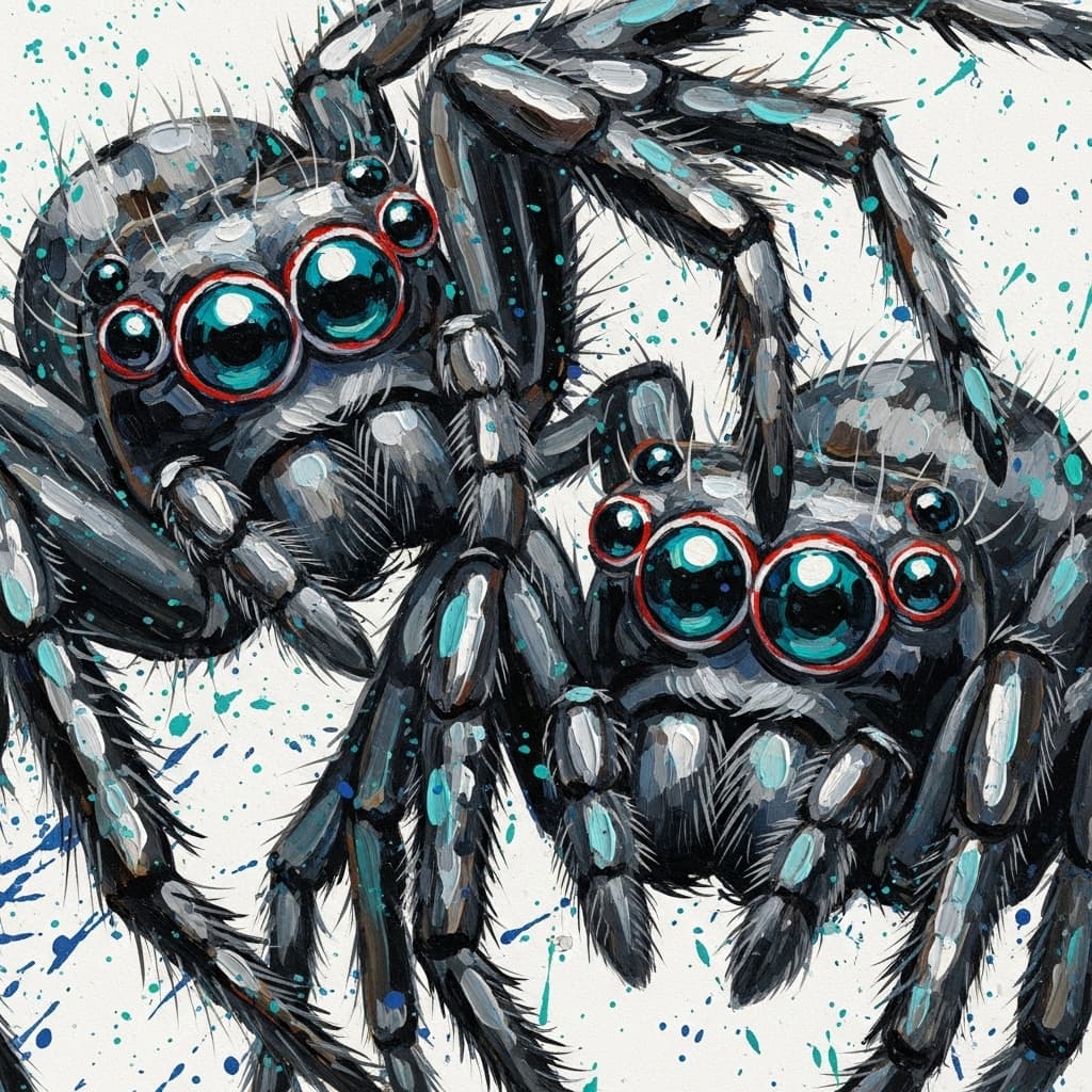 AI generated: Two spiders with big eyes, impasto technique, low angle, detailed eyes, gray teal and black accents,...