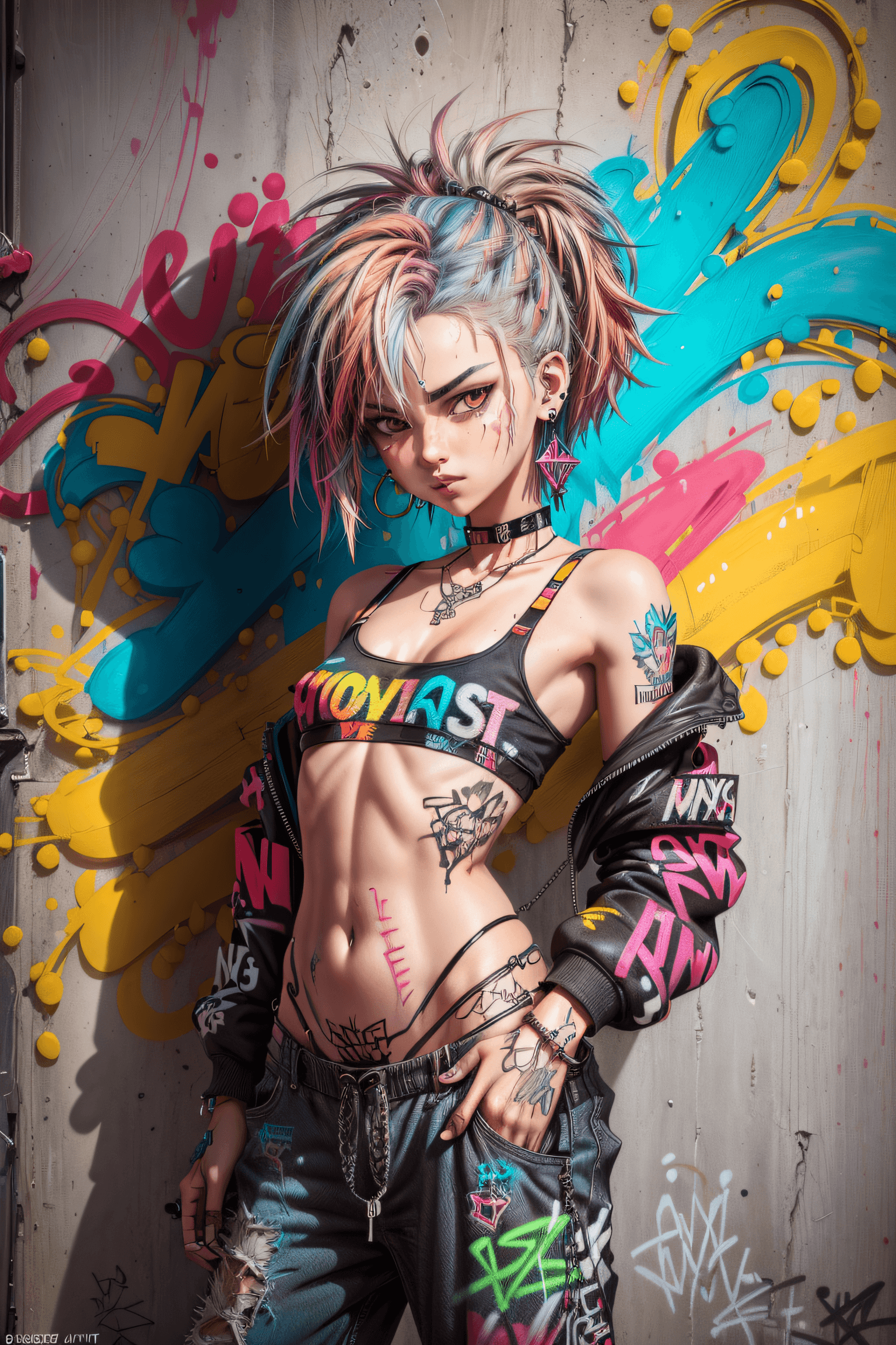 AI generated: (Masterpiece, illustration , high quality:1.2), (ultra detailed background and character), (graffiti...