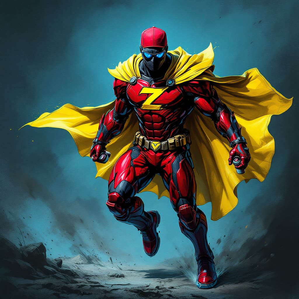AI generated: Hyper real simply draw a Blackman, with a red baseball cap backwards, sunglasses, in a red metallic ...