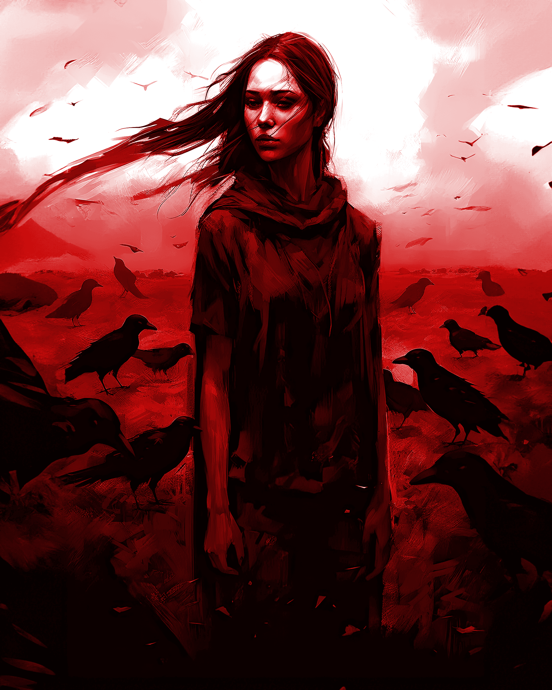 AI generated: a black and white portrait of a woman being watched by crows, in the style of 2d game art, dusty pil...