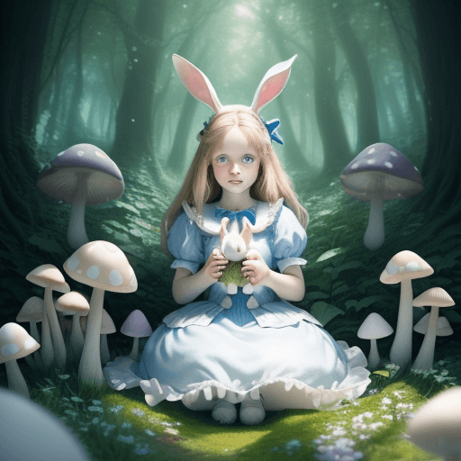AI generated: (portrait of Alice In Wonderland), ((young girl playing with a white bunny)), cute heartwarming frie...