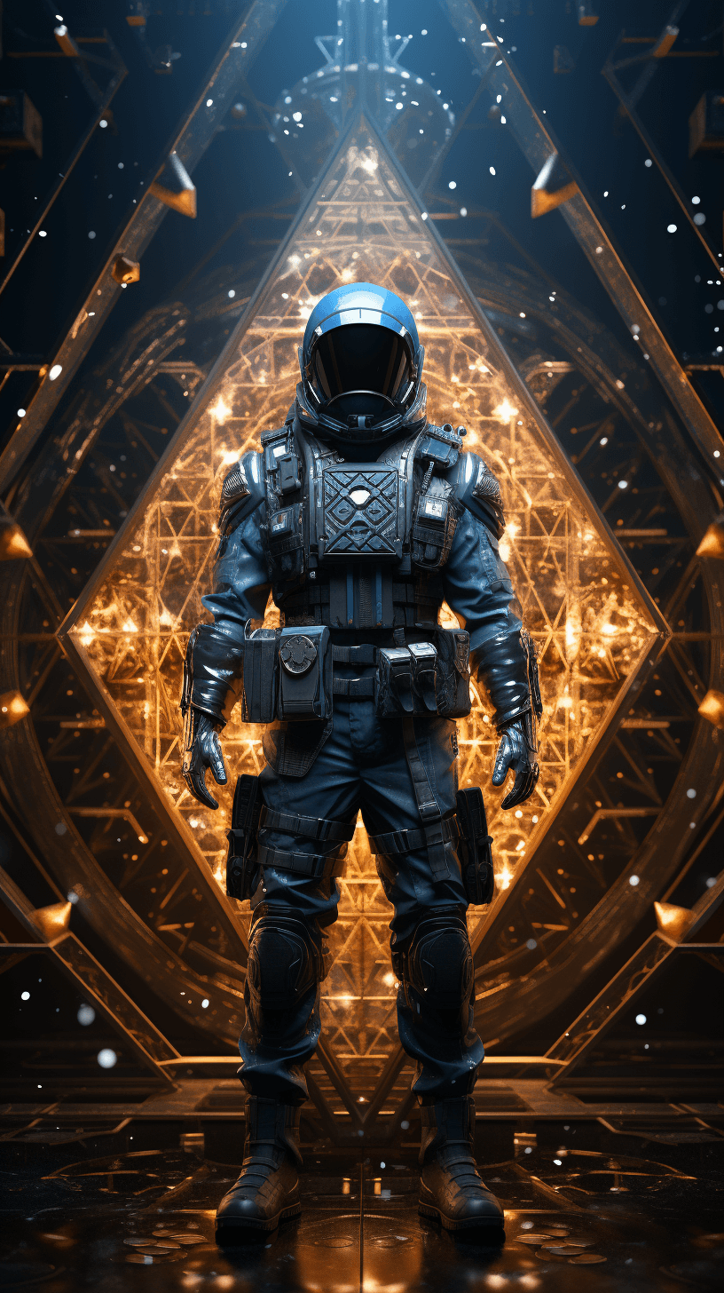 AI generated: hologram on a flat panel screen of a futuristic warrior in full military attire, full body, space sh...