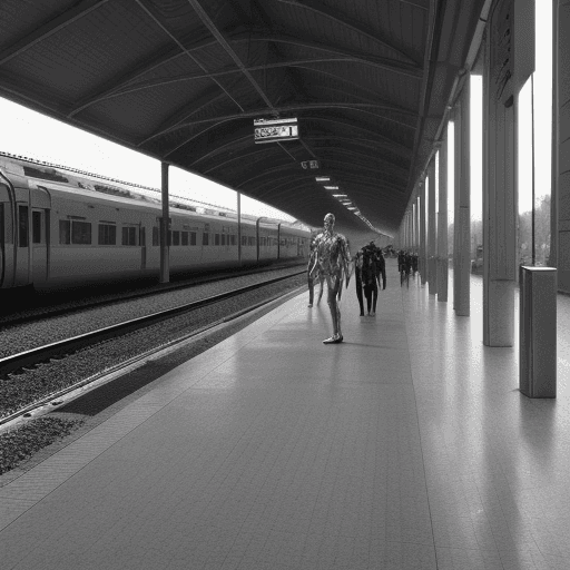 AI generated: A giant colorless monster made of fused bodies crawling through a barren train station