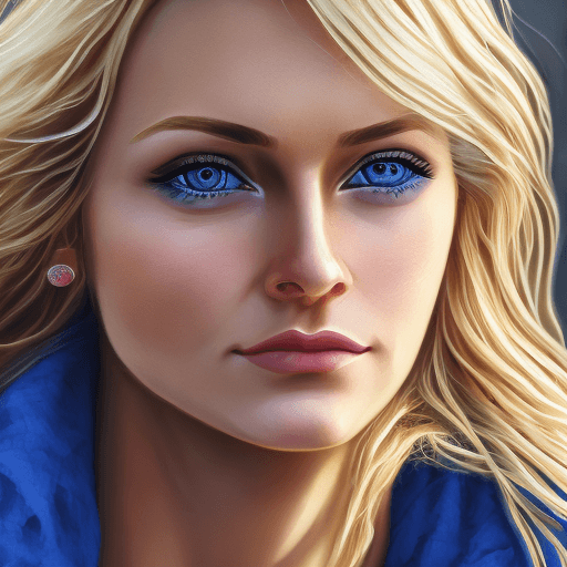 AI generated: A close-up portrait of a woman with blonde hair and blue eyes, facing the camera directly. Soft side...