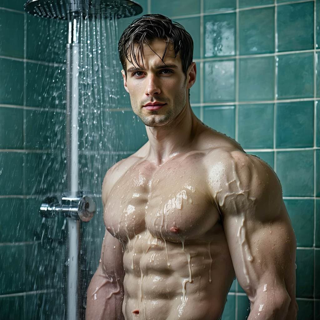 AI generated: RAW photo, irish man posing, flex his muscle, 45 years old, beautiful face, stands in the shower, we...
