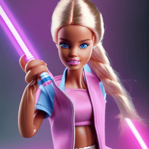 AI generated: Hyper realistic foto of Barbie as a Jedi wielding a pink light saber.
