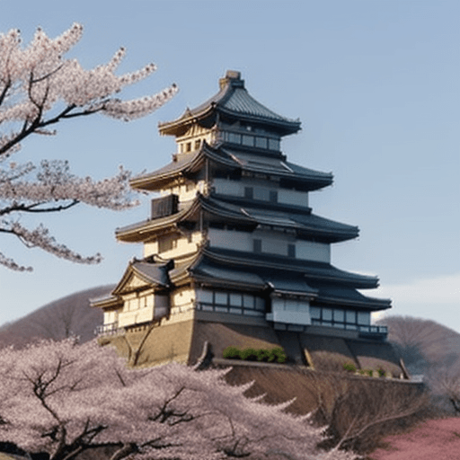 AI generated: In the foreground lonely sakura on a hill, in the background a Japanese castle
