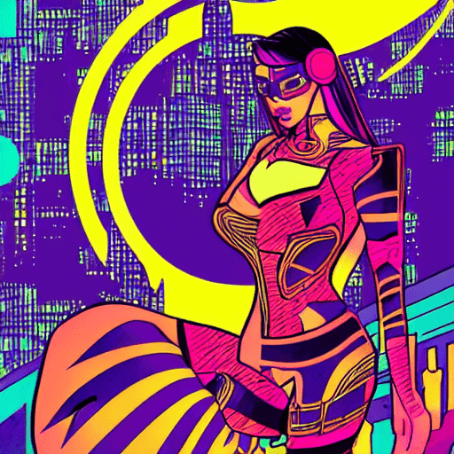 AI generated: high contrast comic book style art, cyberpunk aztec girl with the moon in the background, pop art, c...