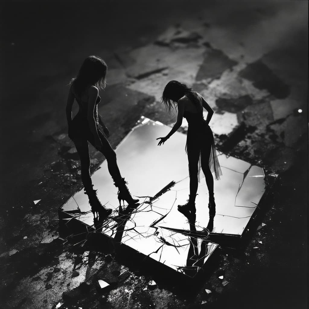 AI generated: woman standing on top of a shattered mirror that's like a grave reflecting her and the reflection is...