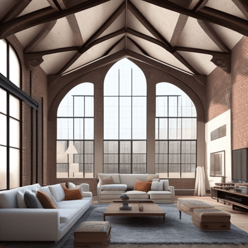 AI generated: 
large living room, empty, loft style, high vaulted ceilings, exposed brick, dreamy, intricate ceili...