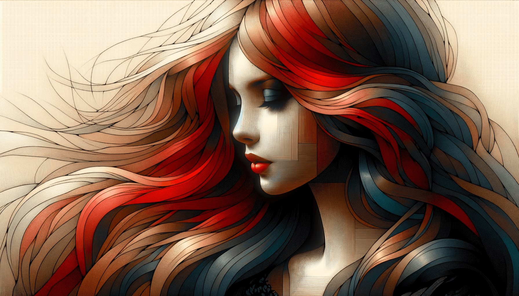 AI generated: a woman with long red hair in a gold painting, dark blue and dark black, cartoon art, red color, rea...