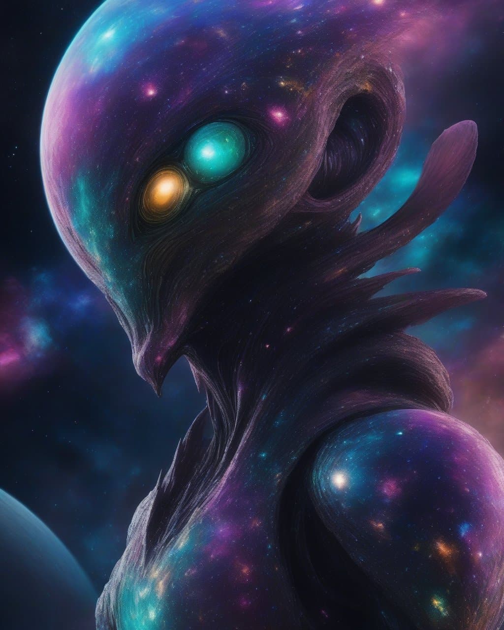 AI generated: creature out of other dimention, galaxy background with little color, behaving like a god, not obser...
