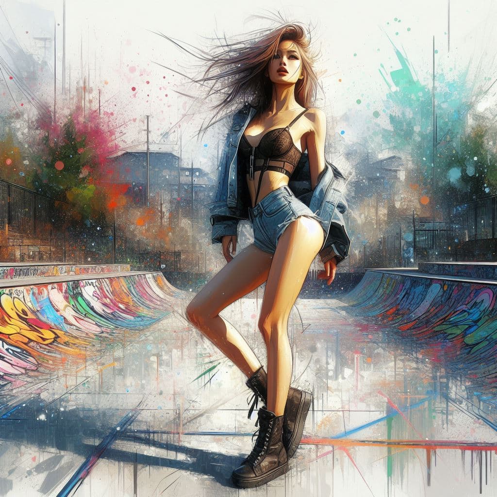 AI generated:  painterly style, , Slim and svelte woman wearihng Chunli clothes, with a slender waist and hips, po...