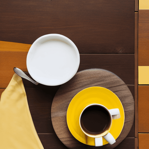AI generated: Cup of coffee, a elegant yellow,brown,white,black mixed colors foam on the coffee, the coffee on woo...