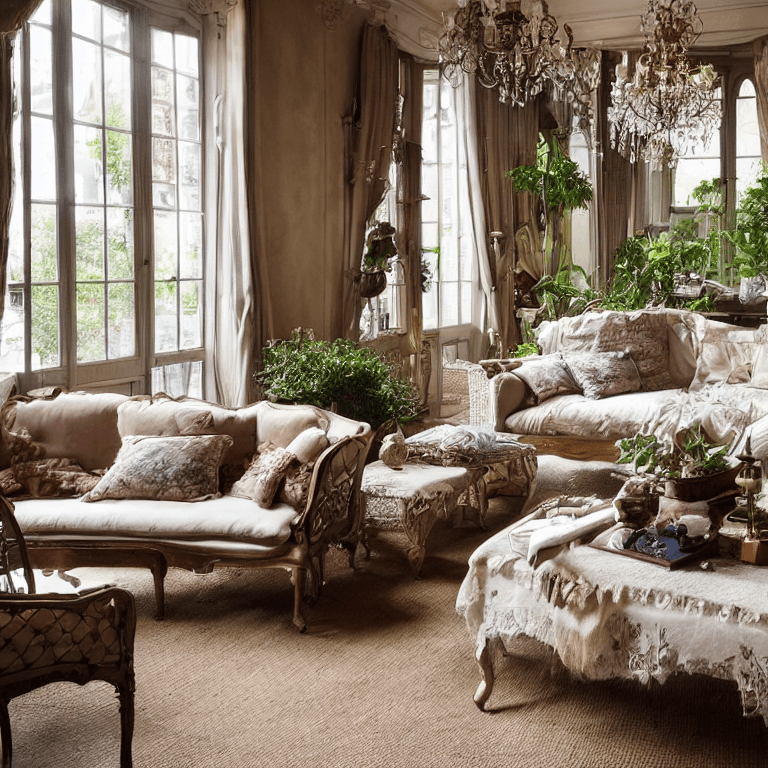 AI generated: living room with French windows opening onto the garden, Provençal style sideboard, plants, jute car...