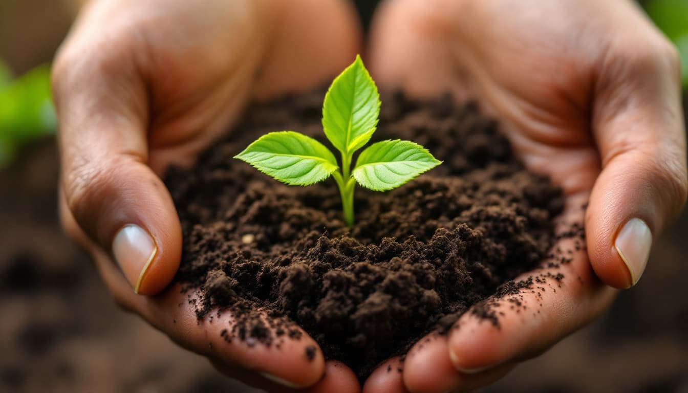 AI generated: Close-up of hands holding a small plant growing out of soil, symbolizing sustainability