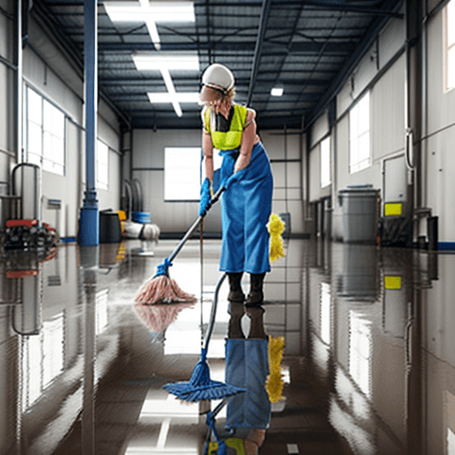 AI generated: Photo of a  woman in an industrial environment, cleaning the floor with a microfibre mob.