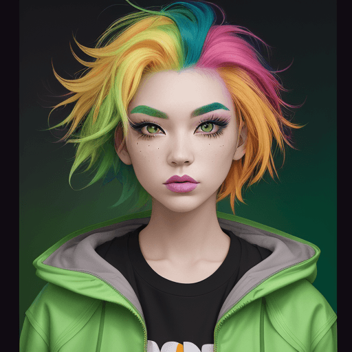 AI generated: a woman with multicolored hair and a green jacket, a character portrait by Kelly Sueda, trend in cg ...