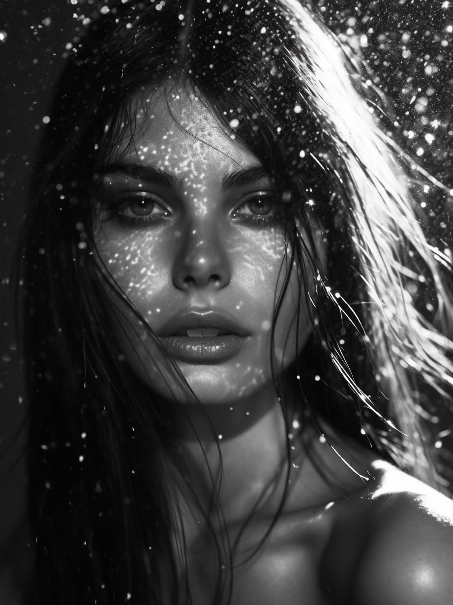 AI generated: a black and white photo of a woman with wet hair, full of sand and glitter, beauty campaign, inspire...