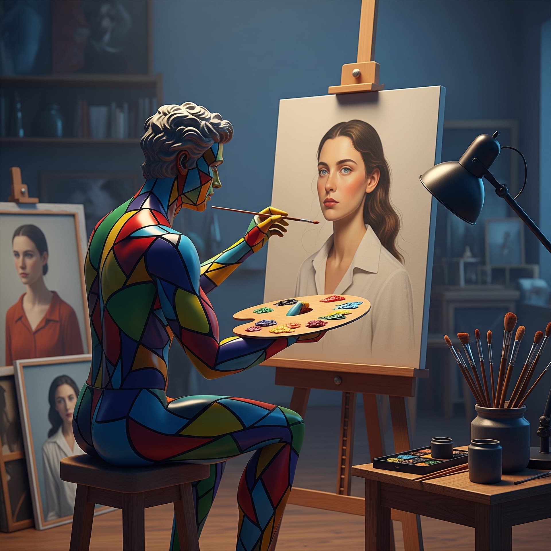 AI generated: A colorful, living cubist statue, styled as an artist, is actively painting in an atelier. The cubis...