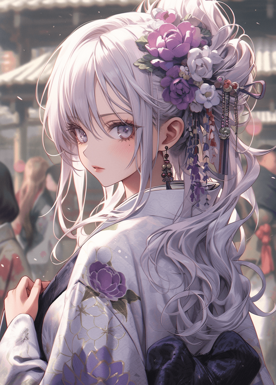 AI generated: a girl with white hair in a purple kimono and a flower, in the style of dark white and light gray, q...
