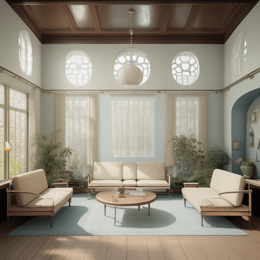 AI generated: High resolution photography interior design, dreamy sunken living room conversation pit, wooden floo...