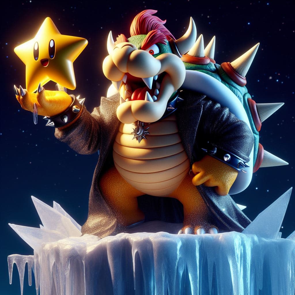 AI generated: Bowser riéndose maléficamente con una super estrella en su mano encima de un iceberg, 3d render, 8k,...