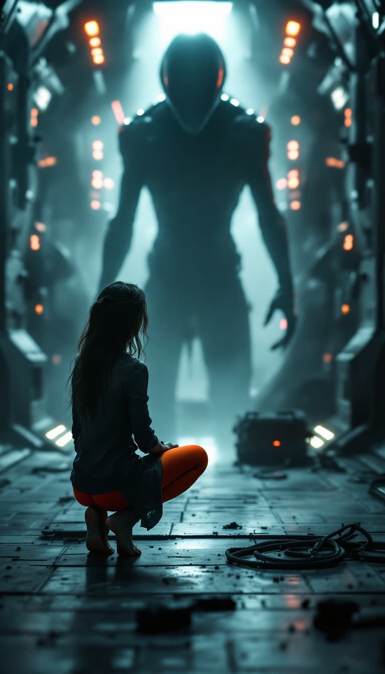 AI generated: Generate a hyper-realistic HD image of a woman kneeling in front of an alien silhouette. The woman l...