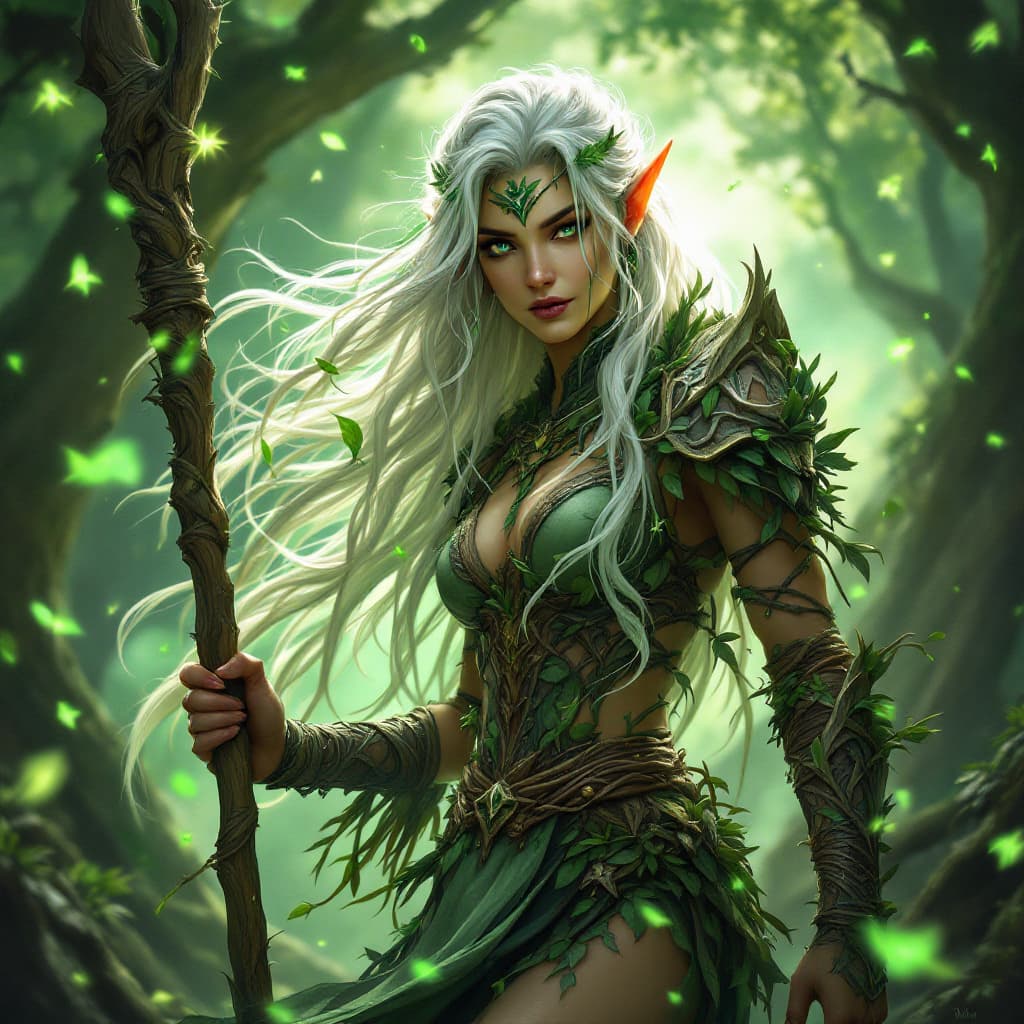 AI generated: Dynamic angle, full body view, realistic, female druid night elf from world of warcraft, long, tangl...