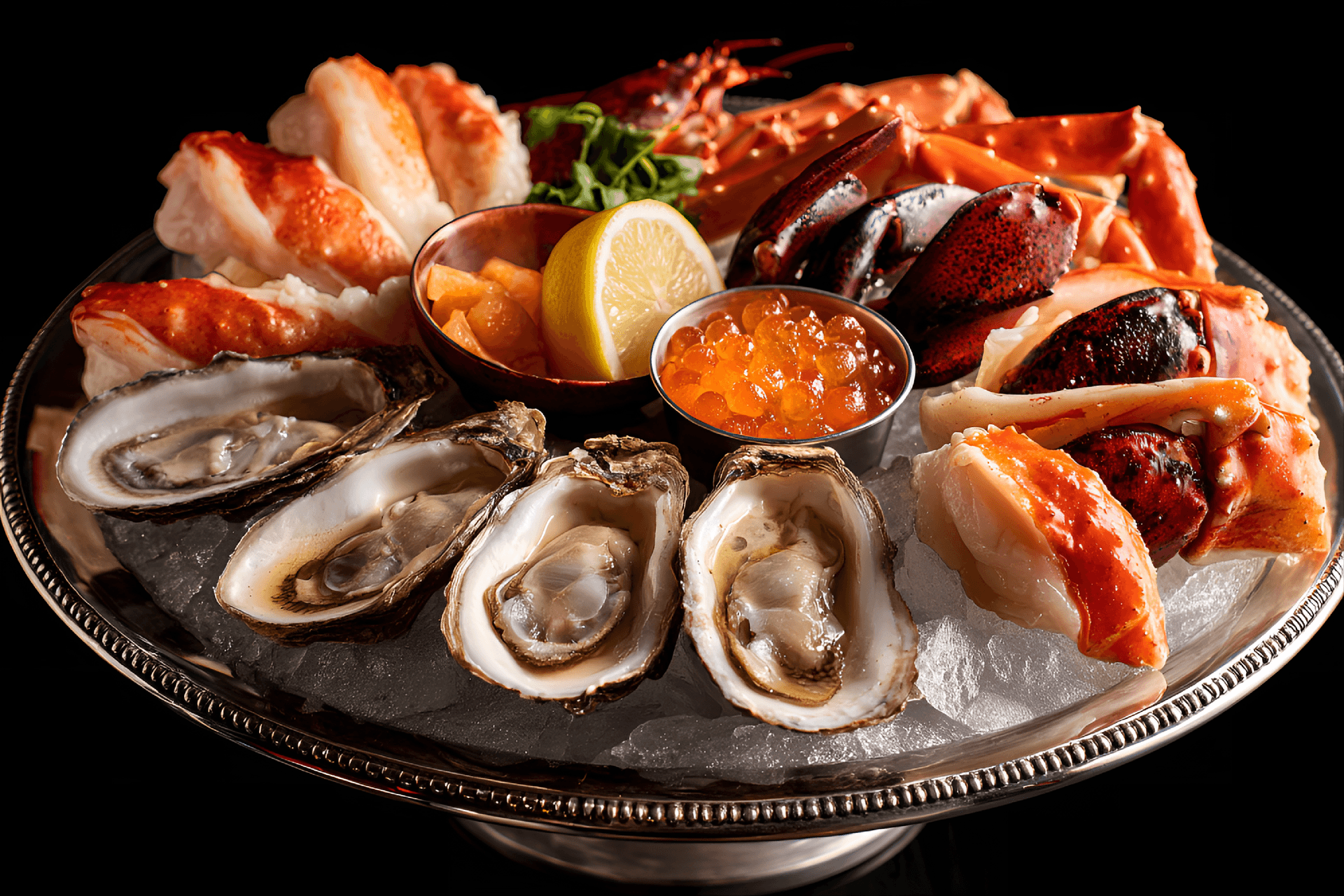 AI generated: An aesthetic top-down shot of a deluxe seafood tower on a polished silver platter, featuring a bount...