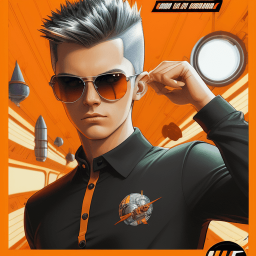 AI generated: A young man with spiky hairstyle in a polo shirt, wear a sunglasses inside a large spaceship, in the...