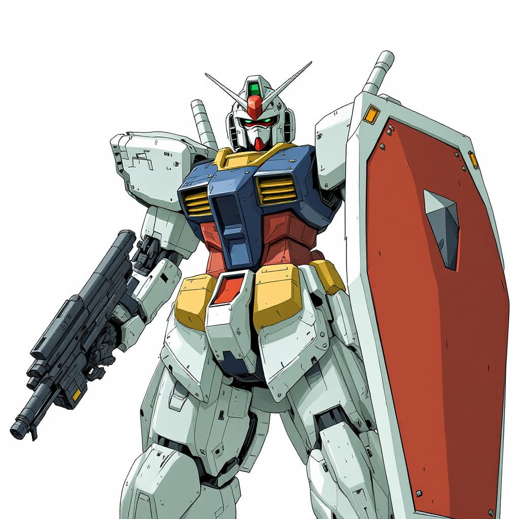 AI generated: illustration of RX-78-2 Gundam, with shield and weapon, in the style of Kunio Okawara, anime, Mobile...