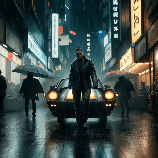 AI generated: This man in blade runner, photo, light box, three point lighting, film grain, epic movie poster, fly...