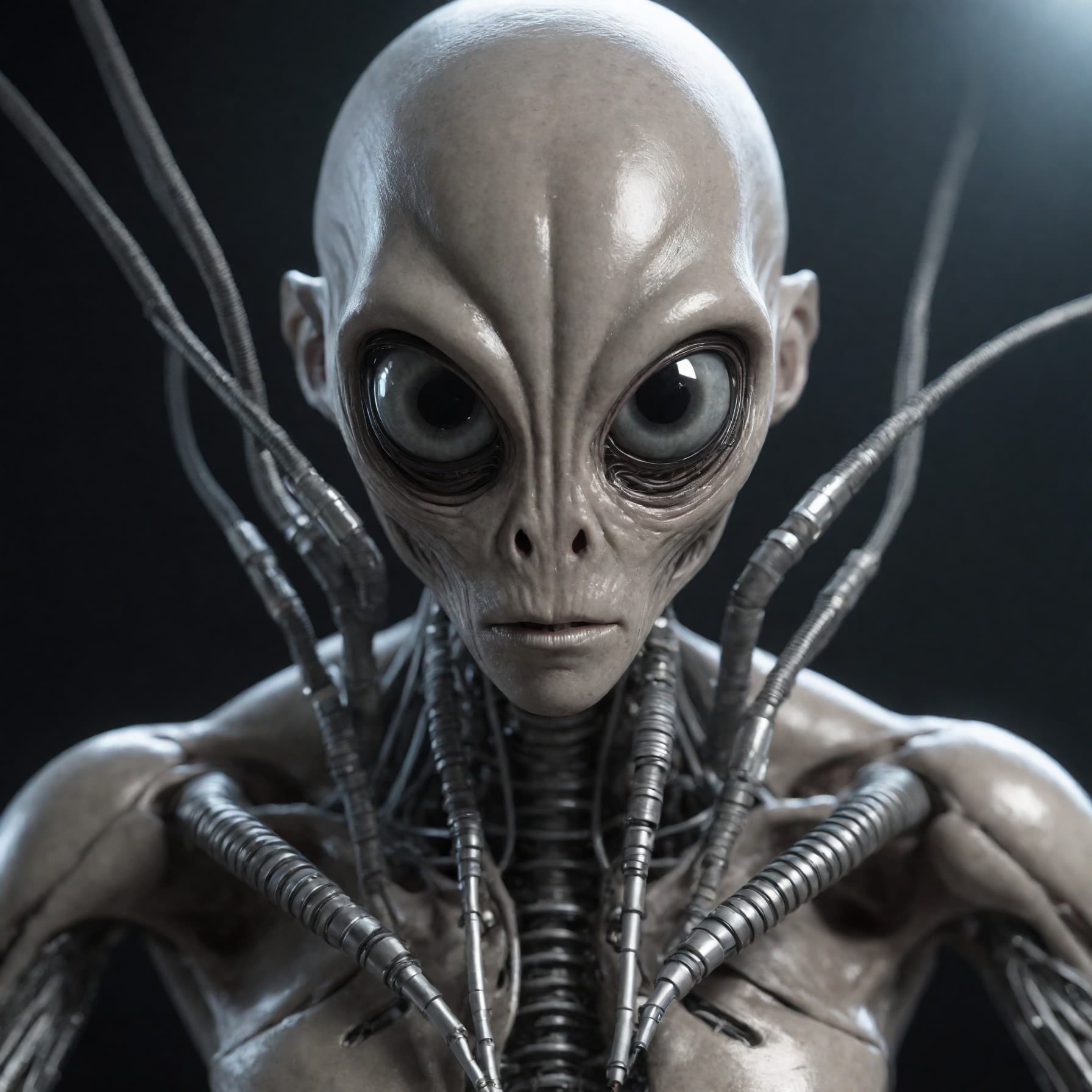 AI generated: intricate grey alien with a dozen tubes and wires and machine parts attached to its head, it has mil...