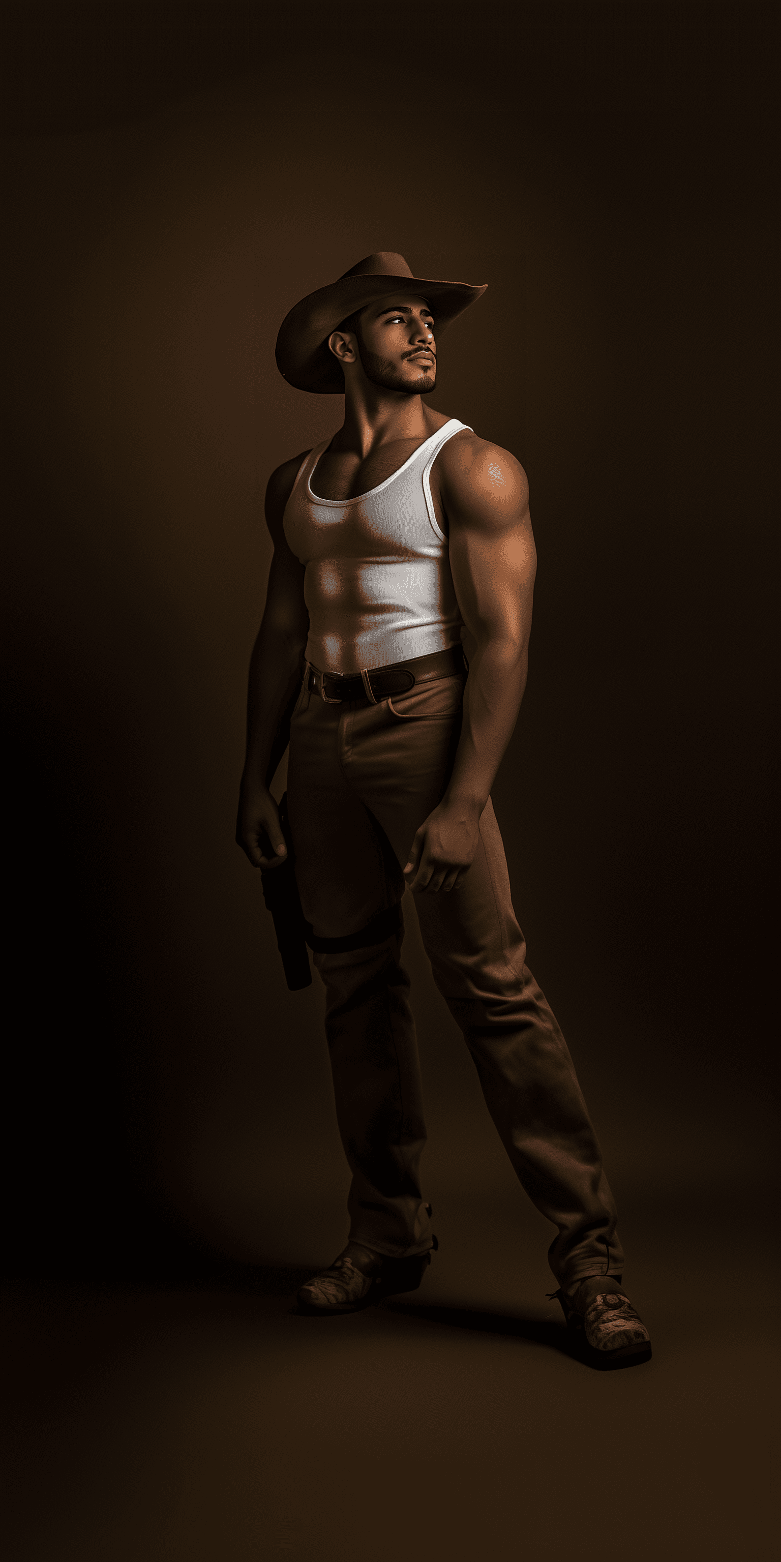 AI generated: Photograph of a masculine, muscular Arabic cowboy wearing a white tank top and a brown leather hat, ...
