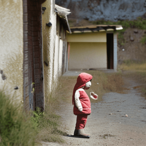 AI generated: In a abandoned war struck village, a lone child stands abandoned, clutching her dirty old Teddy Bear...